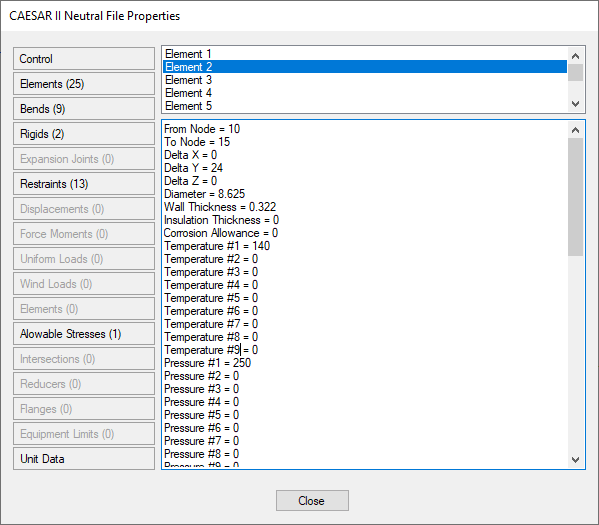 Example of a Caesar II neutral file properties window with extra information on properties exported from Caesar II.