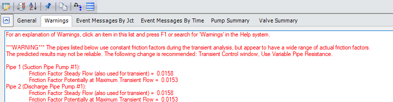 Warning messages that will be shown by AFT Impulse if there is significant variance in the friction factors when variable pipe resistance is turned off