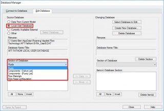 Figure 5 - Local User Database selected as the Source Database. All custom information in the Fluids, Components, and Pipe Materials sections will be transferred. Figure 5 - Local User Database selected as the Source Database. All custom information in the Fluids, Components, and Pipe Materials sections will be transferred.