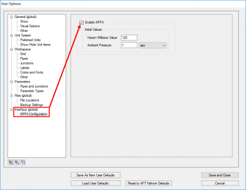 Figure 1 - Enable NFPA reporting in the User Options window.  Specify default Hazen-Williams and ambient pressure values.