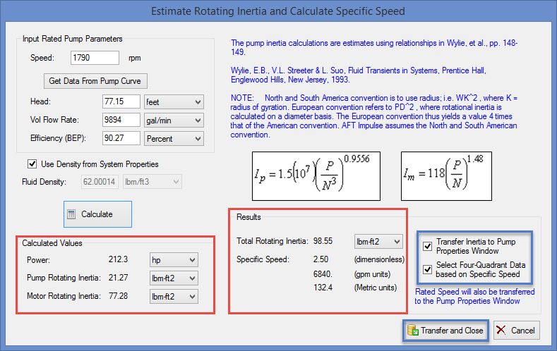 Figure 4:  Power, Inertia, and Specific Speed Values Can be Calculated and Transferred to the Pump Properties Window