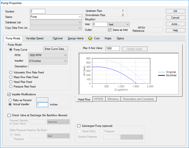 Figure 7 The pump model section in the Pump Property Window with modified performance curves