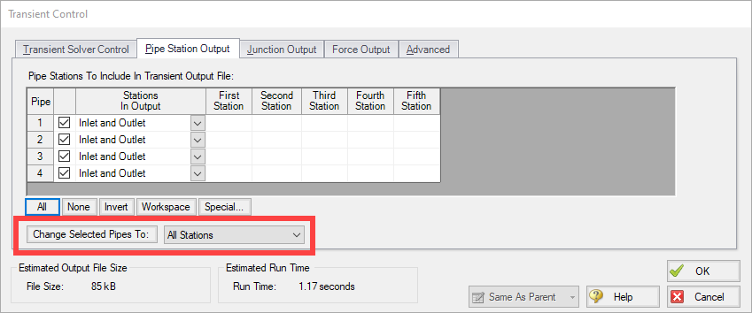 Pipe Station Output tab on the Transient Control window