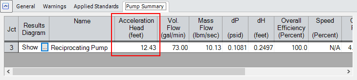 Pump summary in output in AFT Fathom output showing total calculated acceleration head