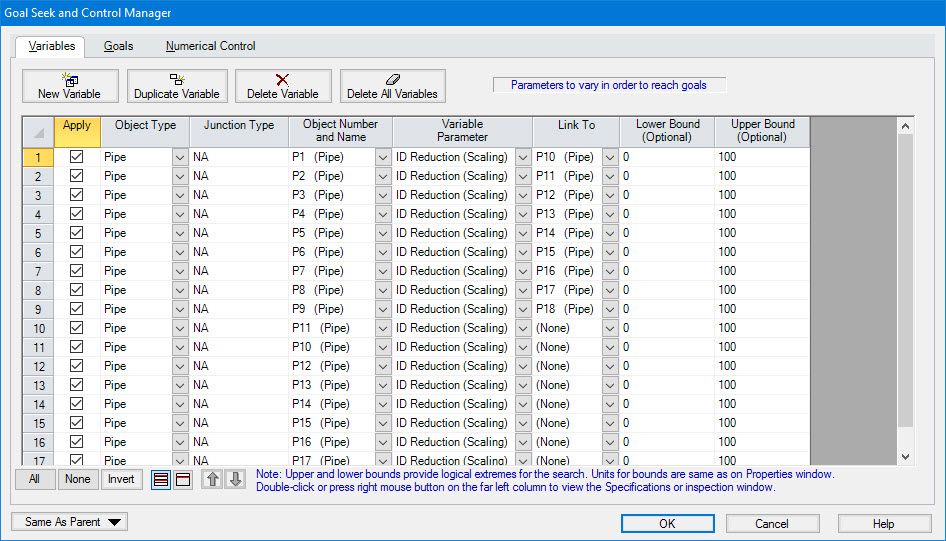 Figure 3: The GSC Manager’s Variables tab is shown here to demonstrate how the pipe ID reduction values are specified as variables with linked pipes