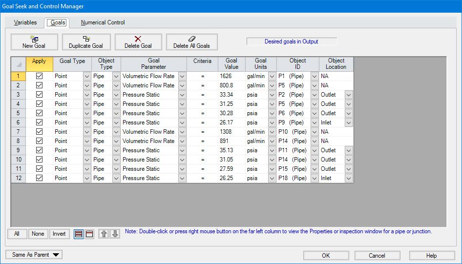 Figure 4: The GSC Manager’s Goals tab is shown here to demonstrate how the pressure and flow goals are specified for both data sets