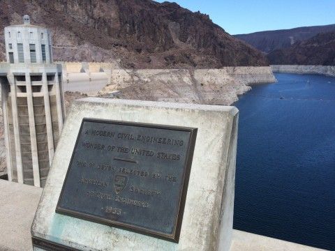ASCE Plaque for Hoover Dam From 1955 with Intake Structure at Left and Lake Mead Behind the Dam