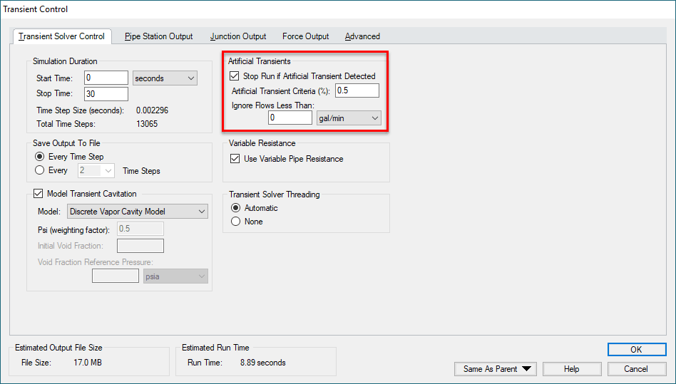 Figure 1: Transient Control window with Artificial Transient Criteria