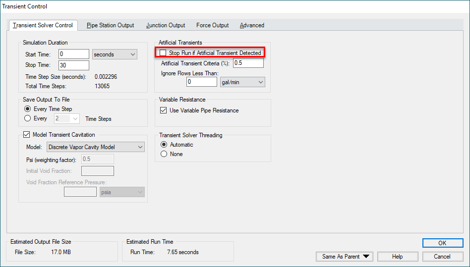 Figure 5: Transient Control window – Stop Run if Artificial Transient Detected