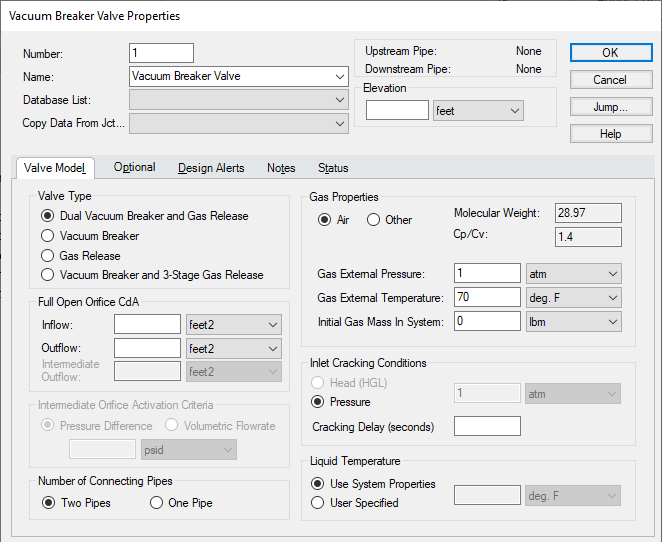 AFT Impulse Vacuum Breaker Valve Properties window with default settings.