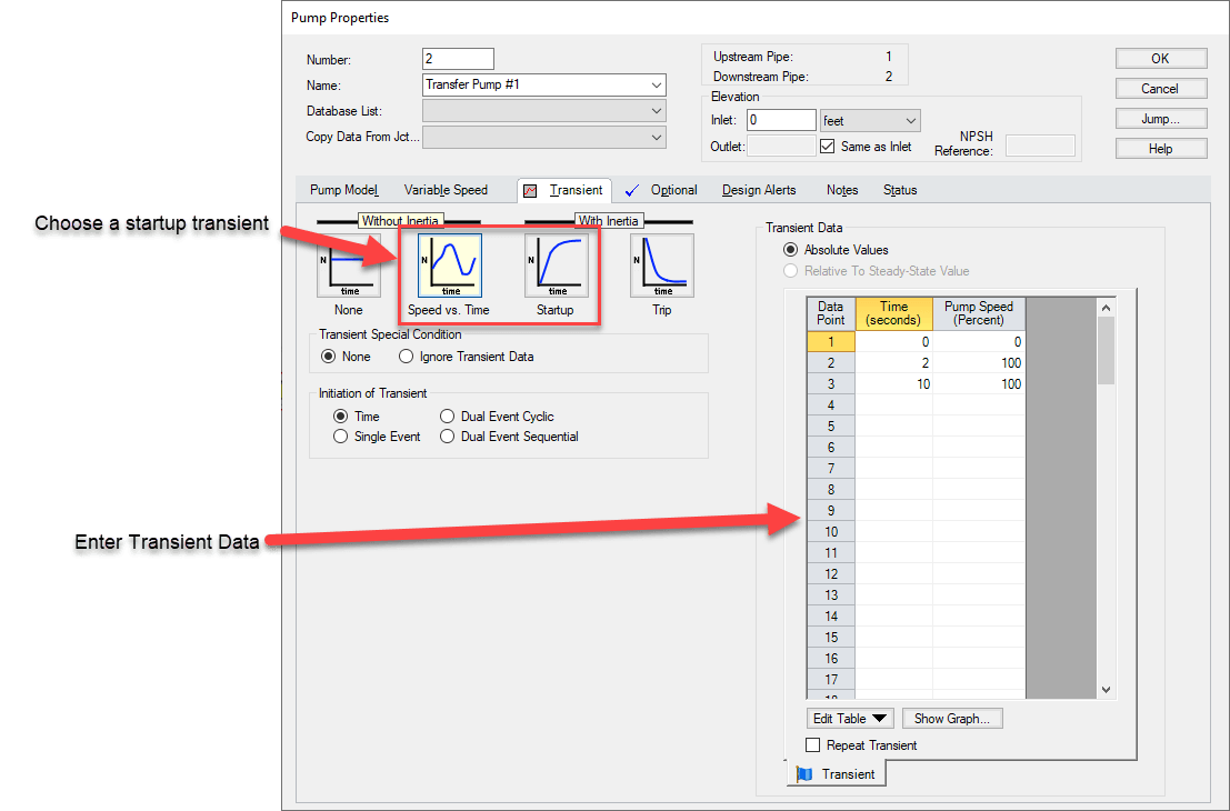 Transient tab showing important aspects for transient data entry for pump startups including choosing either Speed vs Time or Startup with inertia, and the area for data entry.