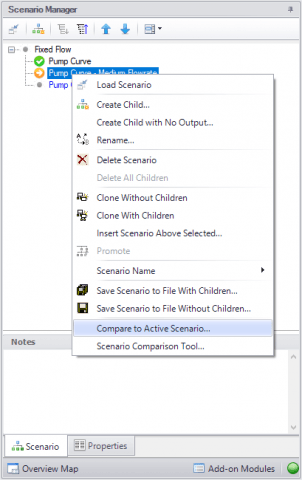 View of the Quick Access Panel showing the right-click menu option for comparing a selected scenario to the active scenario.