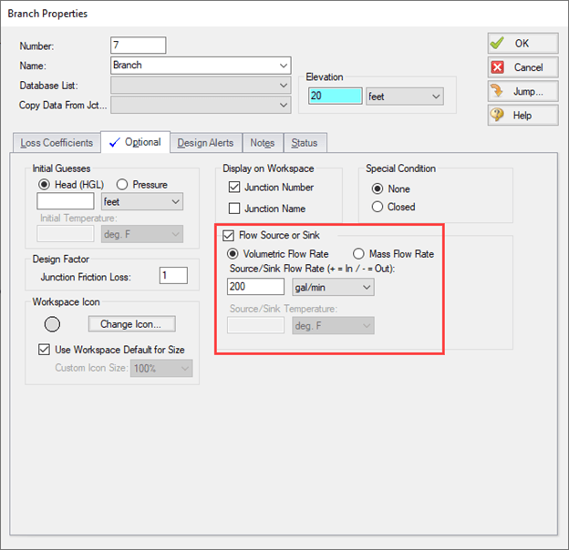 On the optional tab of the branch properties window, the flow source or sink check box is checked with a positive 200 gpm entered.