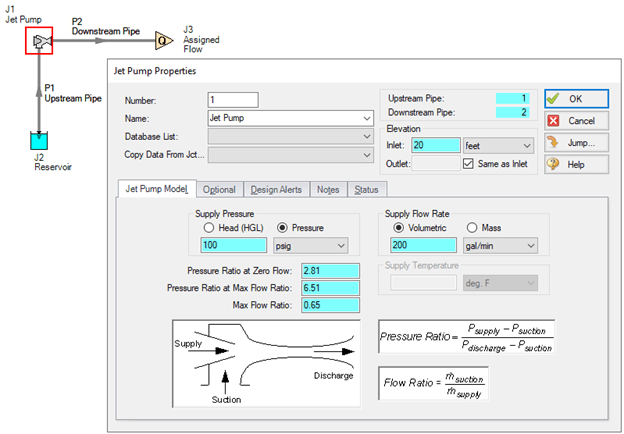 The fully defined jet pump properties window with all the values calculate previously entered into the correct fields.