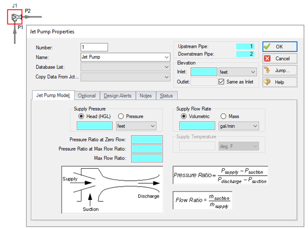 The Jet Pump Properties window shows the six fields that must be defined for the junction to be fully defined.