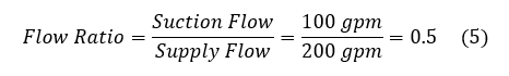 The flow ratio equals the suction flow divided by the supply flow, or 100 gpm divided by 200 gpm which equals 0.5.