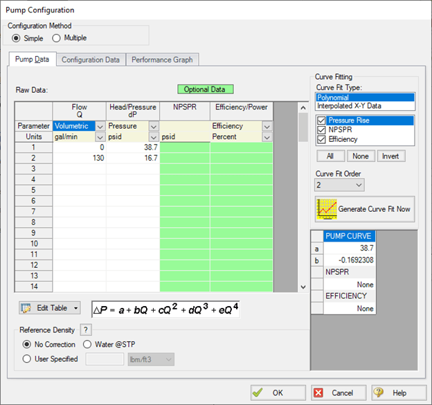 The pump configuration window with the two data points entered, calculated previously.