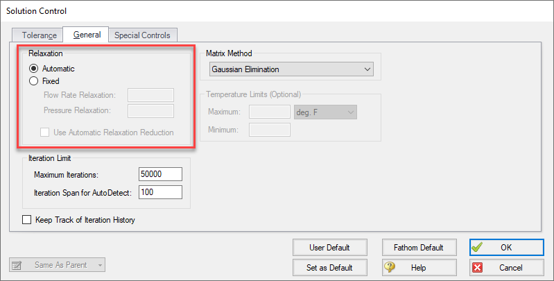AFT Fathom Solution Control Window highlighting relaxation settings