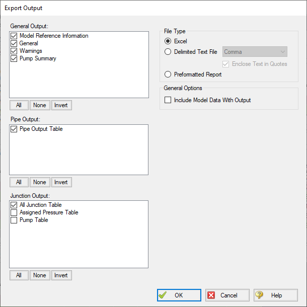 Export Output window in AFT Fathom showing default options selected