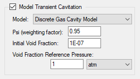 With the DGCM model, you can specify the psi (weighting factor), Initial Void Fraction, and Void Fraction Reference Pressure all on the Cavitation panel of Analysis Setup