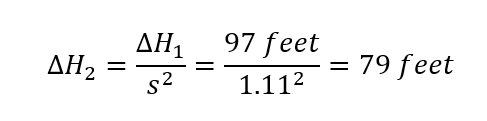 The new head ratio equals the rated head ratio divided by the squared speed ratio. This equals 97 feet divided by 1.11 squared, which equals 79 feet.