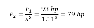 Power at the new speed equals power at the rated speed divided by the cubed speed ratio, this equals 93 hp divided by 1.11 cubed, which equals 79 hp