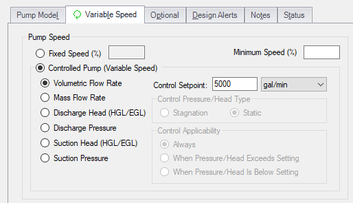 Variable Speed tab in the pump or compressor properties window. Control Setpoint of 5000 gal/min is entered.
