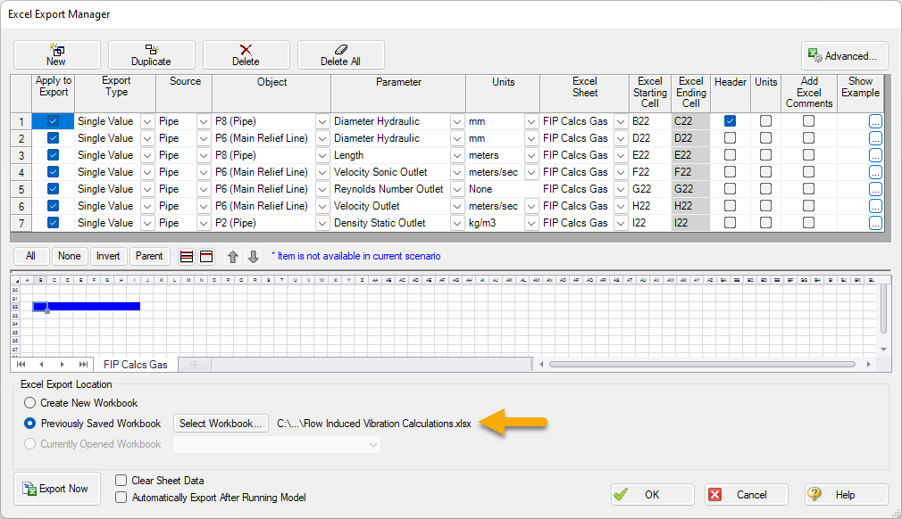 Excel Export Manager showing where each parameter should be exported