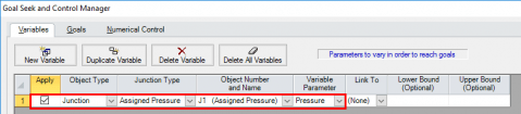 Figure 4 - Assigned pressure junction set for the GSC variable to vary the supply pressure.